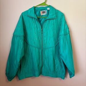 EVR Vintage 100% Silk Green Bomber Jacket with Gold Studs and Full-Length Zipper